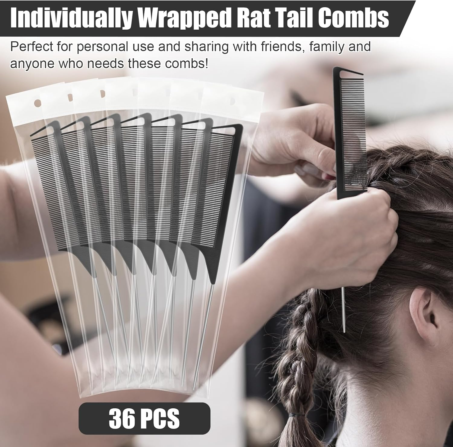 NICEMOVIC 36 Pcs Parting Comb, Rat Tail Combs for Women Girls, Rattail Comb with Stainless Steel Pintail, anti Static and Heat Resistant Teasing Combs for Braiding Hair Styling (Black) image number 2