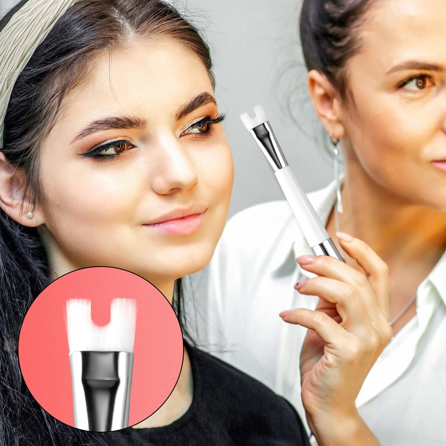 NQEUEPN U Shaped Dual End Nose Contour Brush, Synthetic Fibers, White, for Contour, for Face Blending image number 2