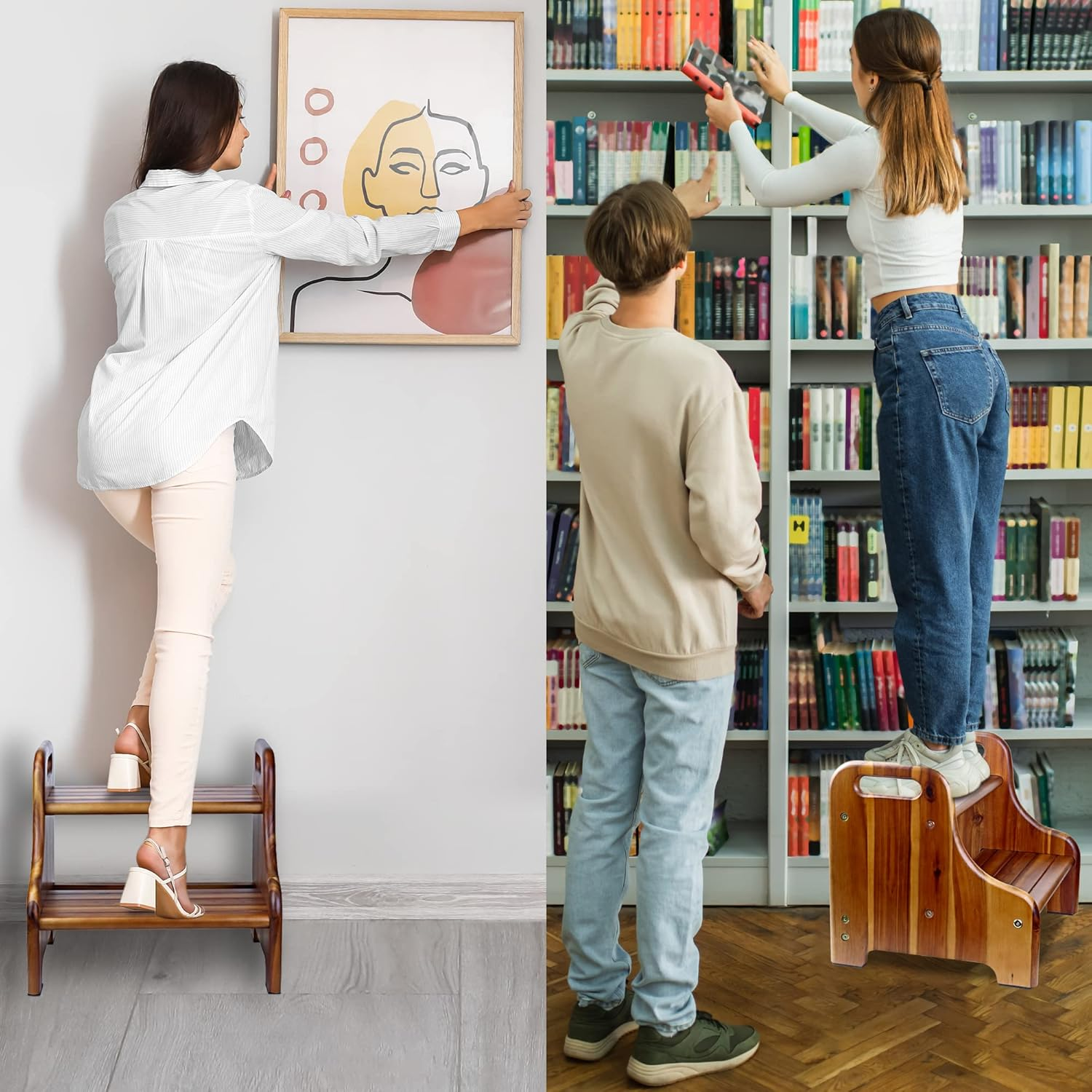 Wood Step Stool for Kids and Toddlers, Natural Acacia Solid Wood, Portable 2 Handles, Wider 2 Steps, Safe Non-Slip Bottom, Rounded Corners, Supports up to 300 Lbs, Perfect for Children (Natural) image number 6