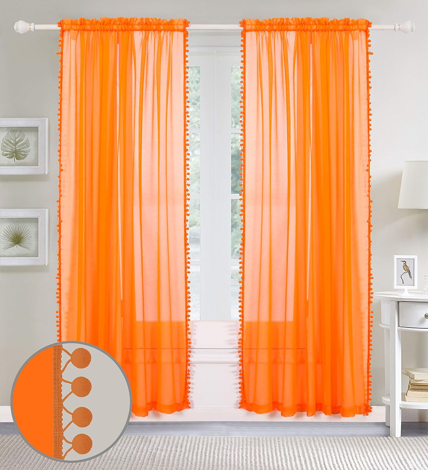 Elegant Comfort Semi-Sheer Pom Pom Tassels Curtains - 2 Panels Set - with 2Inch Rod Pocket - Solid Sheer Curtain Drapes for Living Room, Bedroom, W60 X L84, Orange image number 3