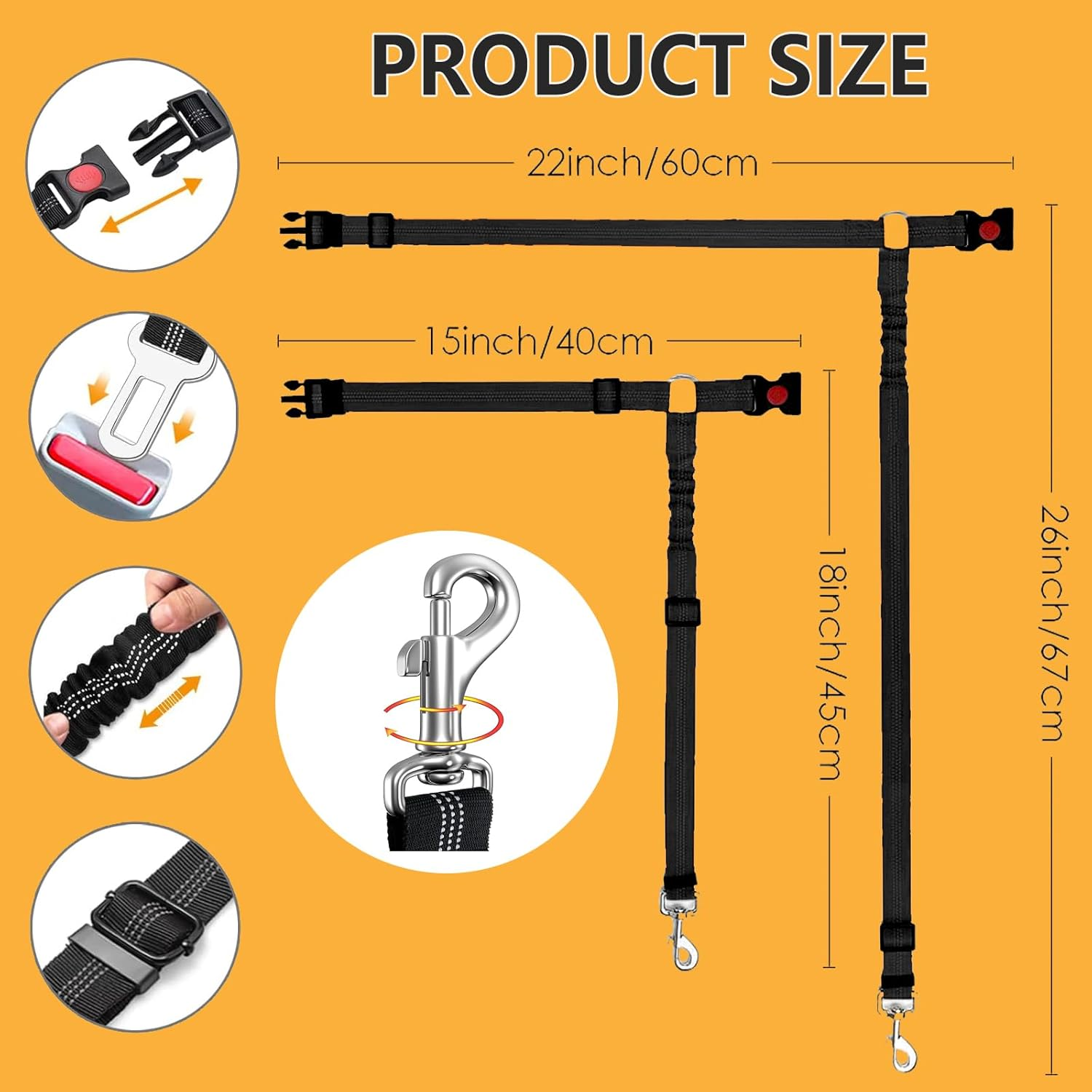 Charming Club Adjustable Dog Car Seat Belt Harness - Safe Pet Vehicle Restraint with Shock-Absorbing Bungee, Headrest Clip & Car Guard | Fits Puppy to Large Dogs | Universal for All Cars (Blue-1Pcs) - Black-1Pcs image number 3