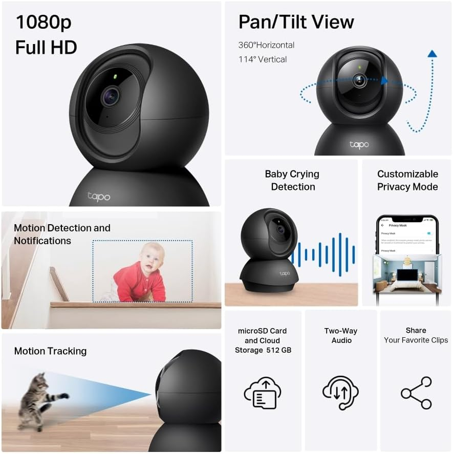 Tapo Tp-Link Smart Home Security Wi-Fi Camera, Baby Monitor, 1080P, 360&deg;, Free AI Tracking, Motion & Person Detection, Notification, Night Vision, SD Card, Voice Control, No Hub Required(Tapo C201) image number 6