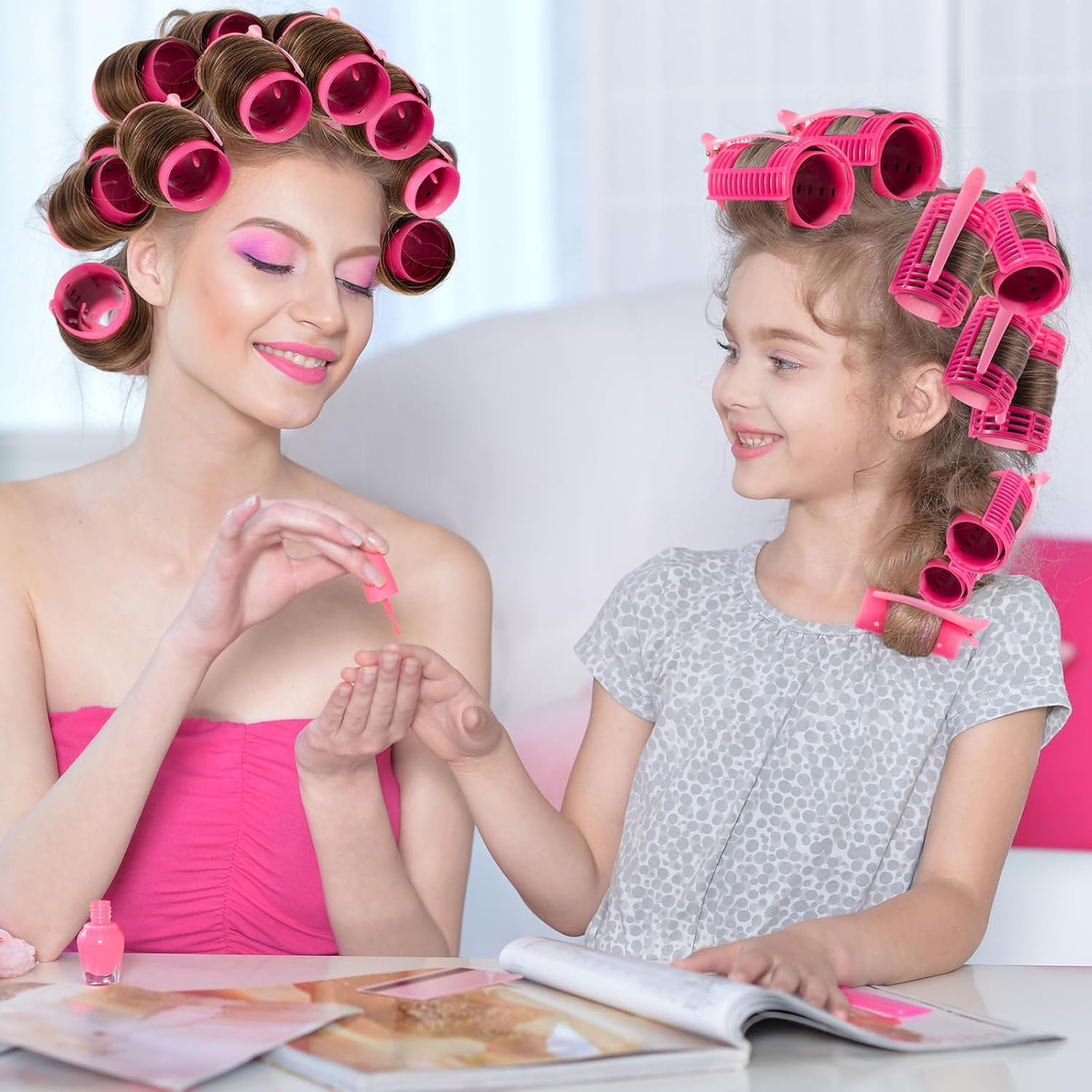 WILLBOND 65 Pieces Magnetic Rollers Plastic Rollers Hair Curlers Set 4 Sizes for Long Medium Short Hair, Duck Clips Hairnet Hairdressing Styling Tool (Pink) - Green image number 7