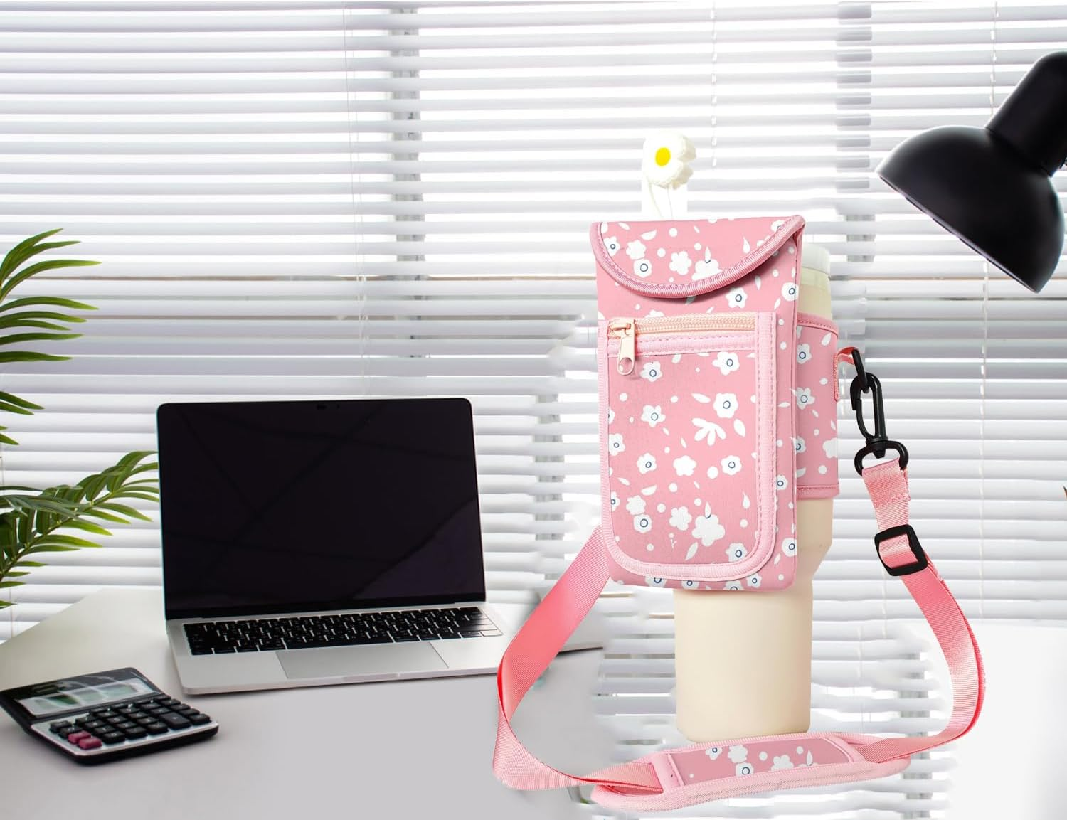 Water Bottle Carrier Bag with Pocket Fits for Stanley 40 Oz Tumbler, Neoprene Water Bottle Holder Pouch with Adjustable Strap for Stanley Cup Accessories (Pink Flower) - Blue Moon image number 4