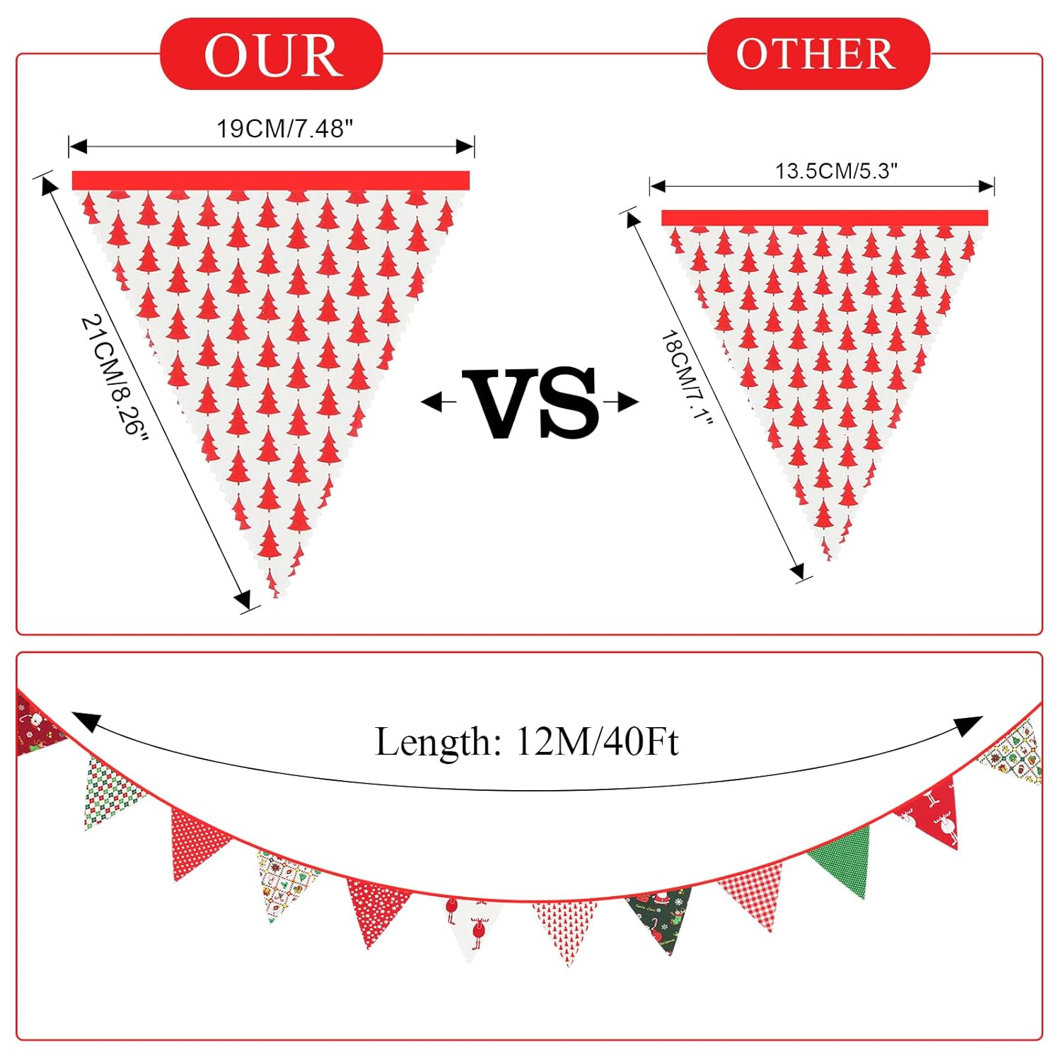 GCQQ 40 Ft Christmas Fabric Banner, 42Pcs Large Pennant Banner Flags, 14 Different Floral Banner Garland, Vintage Christmas Bunting, Fabric Pennant Banner for Party, Home, Outdoor image number 1