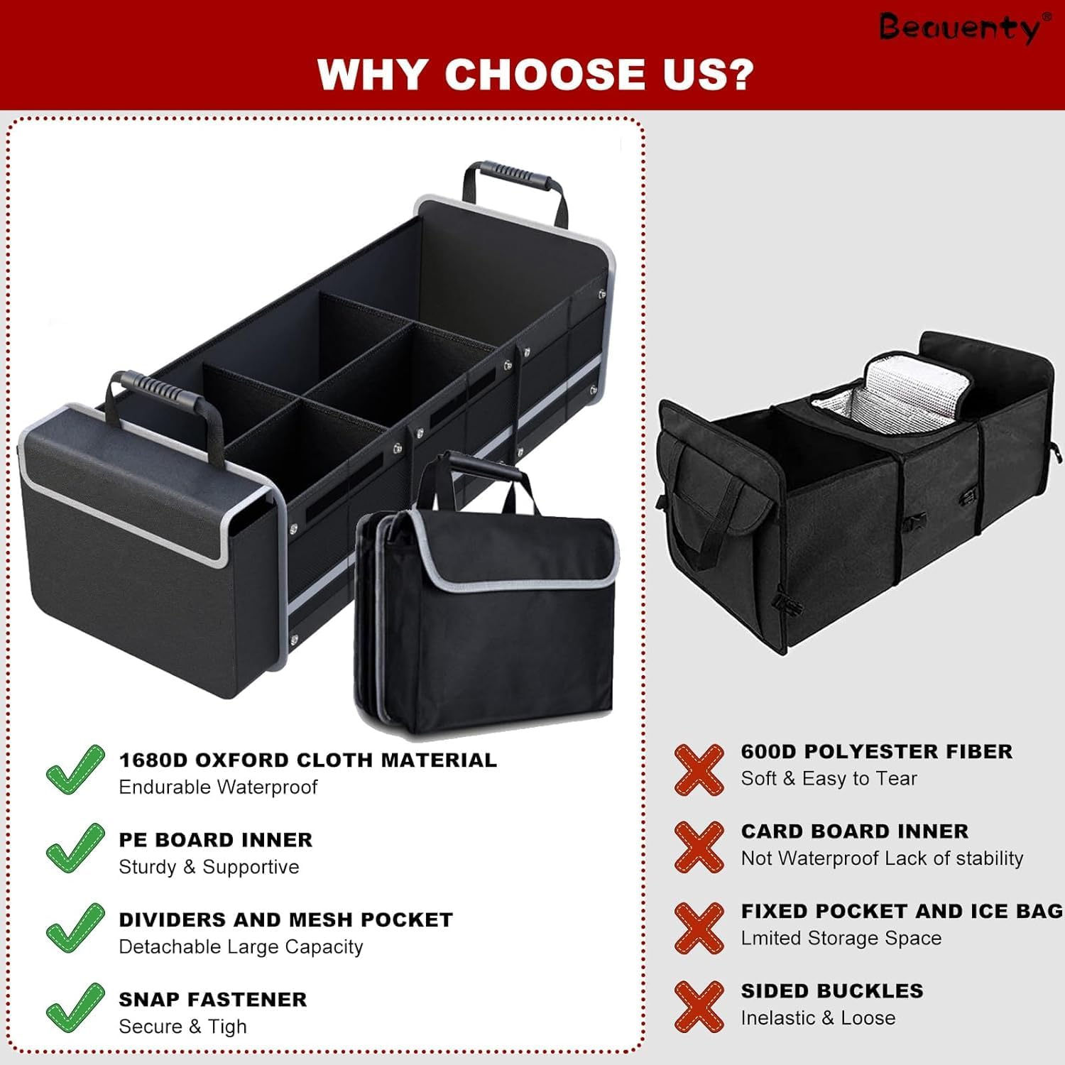 Large Car Trunk Storage Organizer with Built-In Leakproof Cooler Bag, 2 Tie-Down Straps, 4 Removable Dividers, Durable Collapsible Car Boot Organiser for SUV, Car, Sedan image number 2