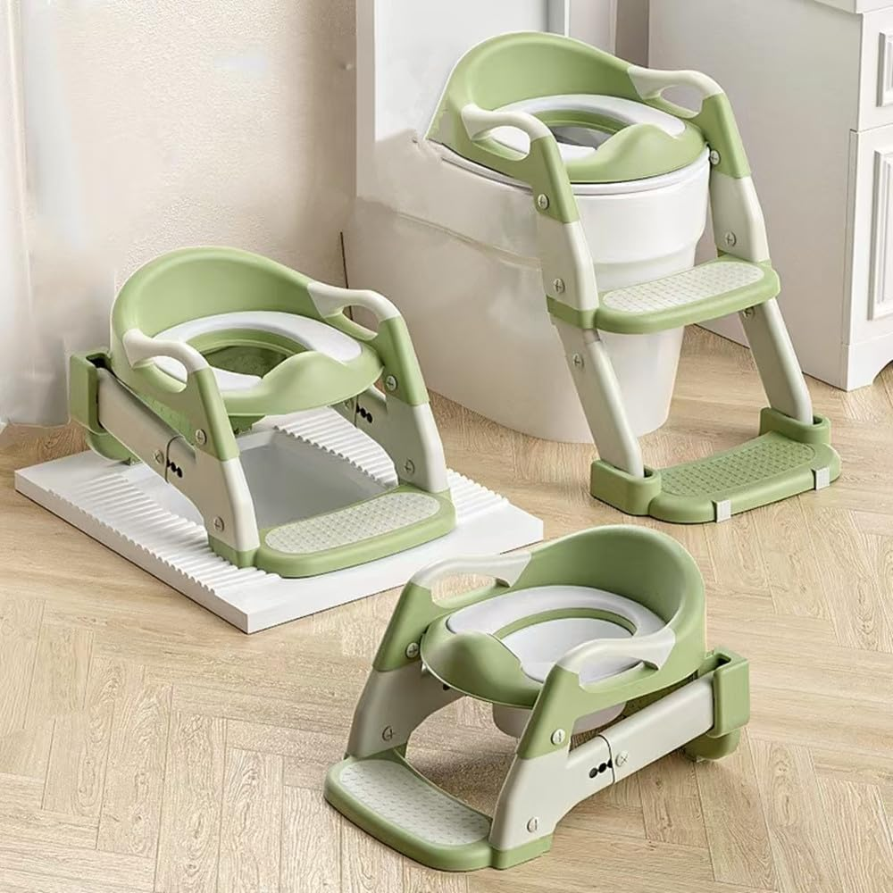 Uandhome Potty Training Seat,3-In-1 Toddler Potty Training Toilet Seat with Foldable Ladder for Kids Boys Girls, Adjustable Height Potty Chair with Anti-Slip Steps Safety Handles Soft Cushion(Green) image number 3