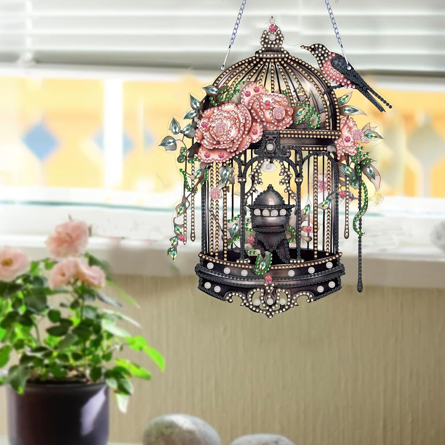 MEIEST Diamond Art Painting Hanging Pendant Kit,Diy Flower Birdcage Crystal Art Hanging Sign,Diamond Window Hanging Wreath Ornament for Home Decor (361) image number 5