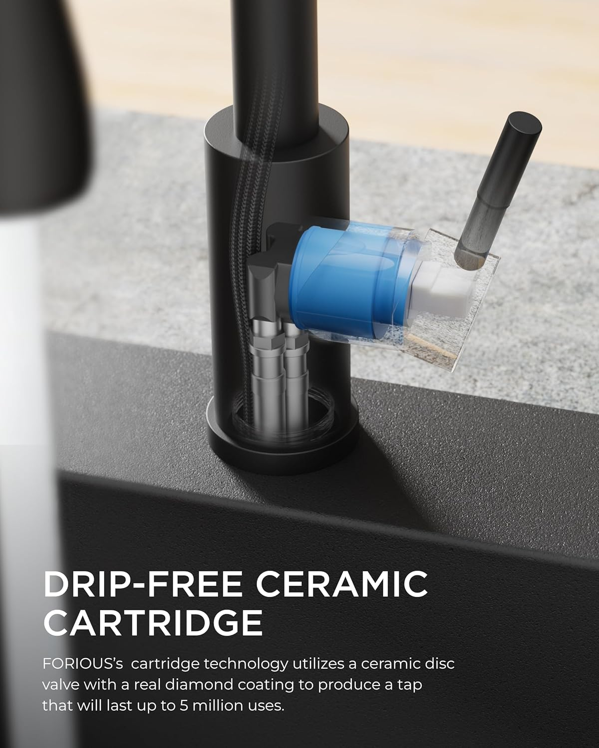 FORIOUS WELS Kitchen Sink Taps Mixer with Pull Out Spray, Swivel Single Handle High Arc Pull down Stainless Steel Kitchen Tap, Matte Black - Matte Black image number 4