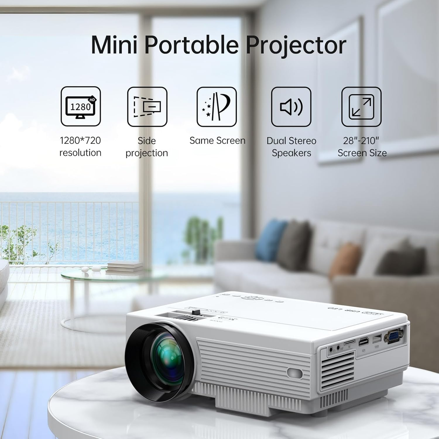 Eacam Mini Projector Support 210In Display Same Screen Technique Movie Projector Dual Speaker with Remote Control Support TV Box Computer Flash Disk TF Card for Home Theater Media Player image number 4