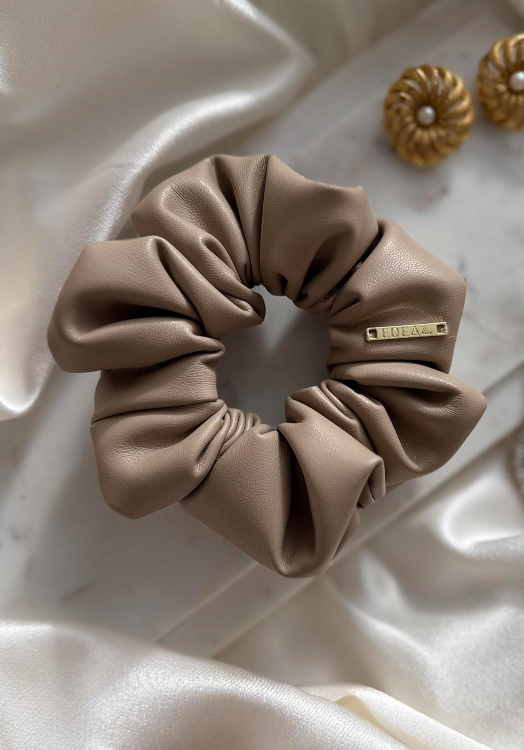 Edealiss Cozy Luxe Scrunchie - Autumn/Winter Women'S Velour & Faux Leather Hair Band - Elegant Premium Hair Accessory - No Pulling, Gentle Hold - Fashion Hair Tie (Taupe Faux Leather) image number 1