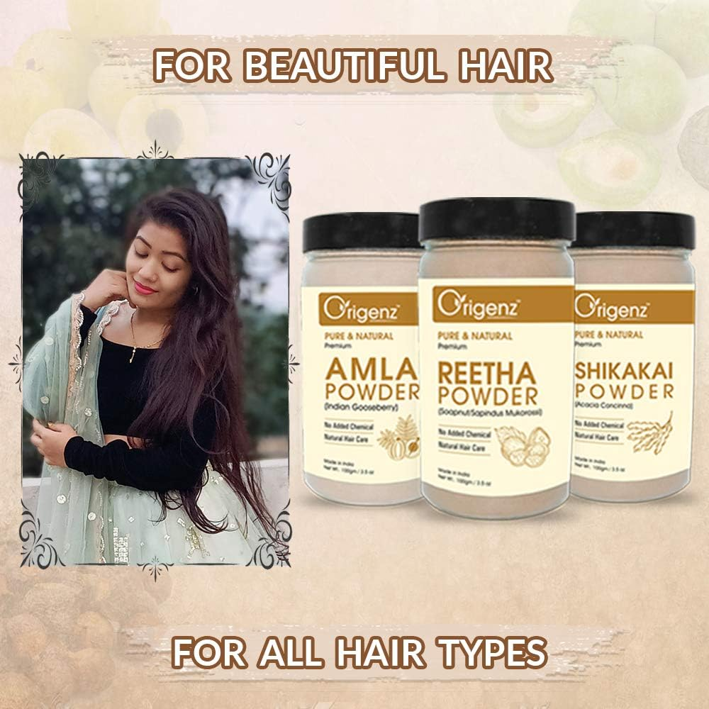 Origenz Reetha, Shikakai and Amla Powder Combo Pack for Hair Care, Wash, Healthy Scalp, Nourishment, Mask, Helps to Control Dandruff, Hairfall | Natural Cleanser | Indian Gooseberry | Sapindus Mukorossi | Acacia Concinna | 300Gm image number 2