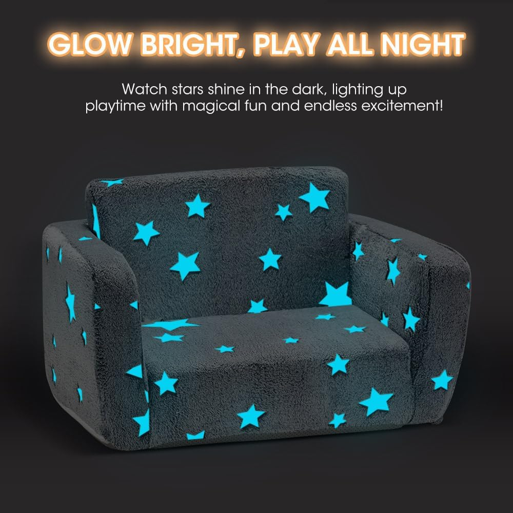 Playpals Kids Sofa Couch 2-In-1 Kids Flip Out Sofa, Convertible Sofa Bed to Lounger with Cute Star Designs, Glow in the Dark, Removable Washable Cover, Kid Couch for Girls Boys, Grey