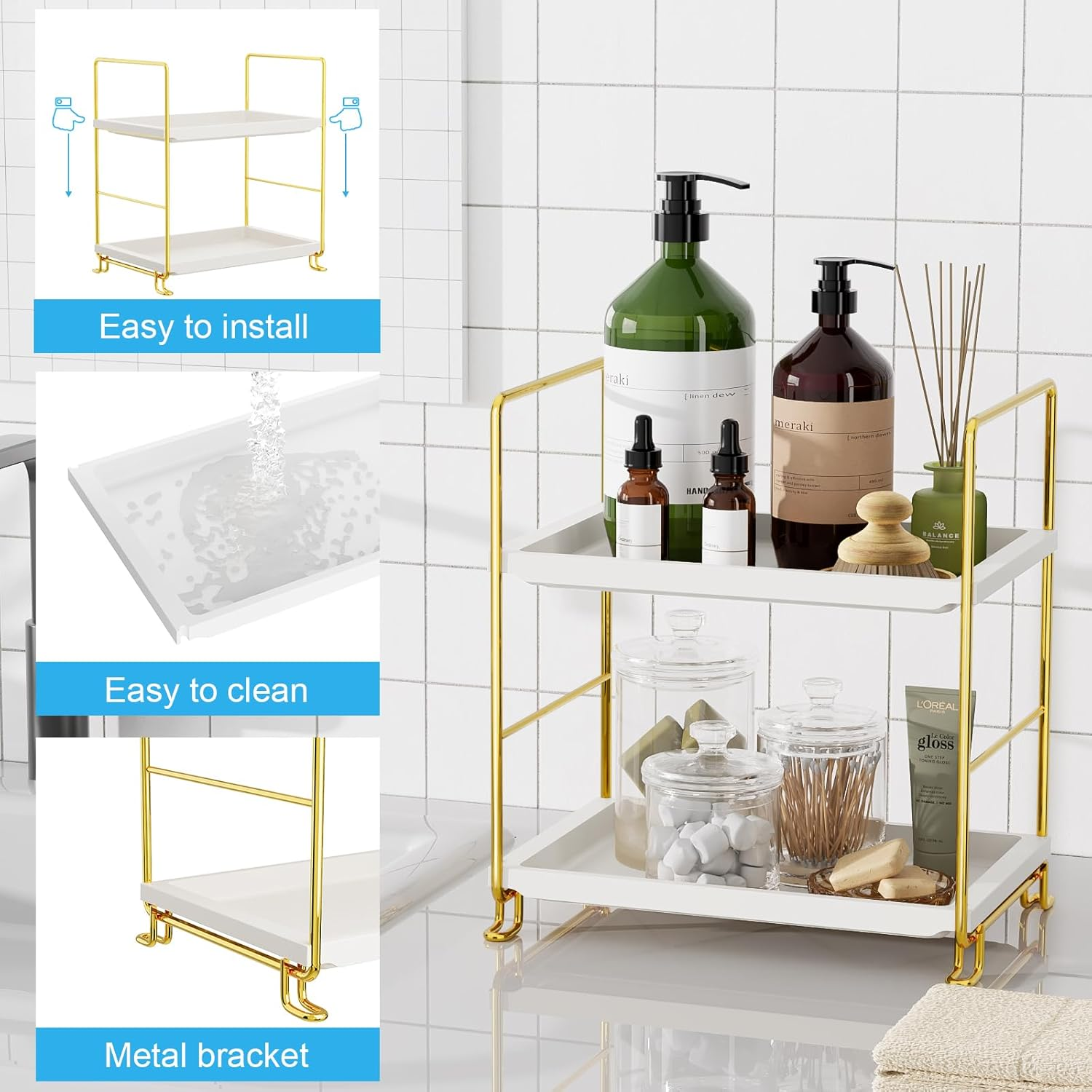 Fsyueyun 2-Tier Makeup Shelf Organizer, Kitchen Spice Rack or Bathroom Countertop Organizer Vanity Bedroom Storage Tray (Gold)