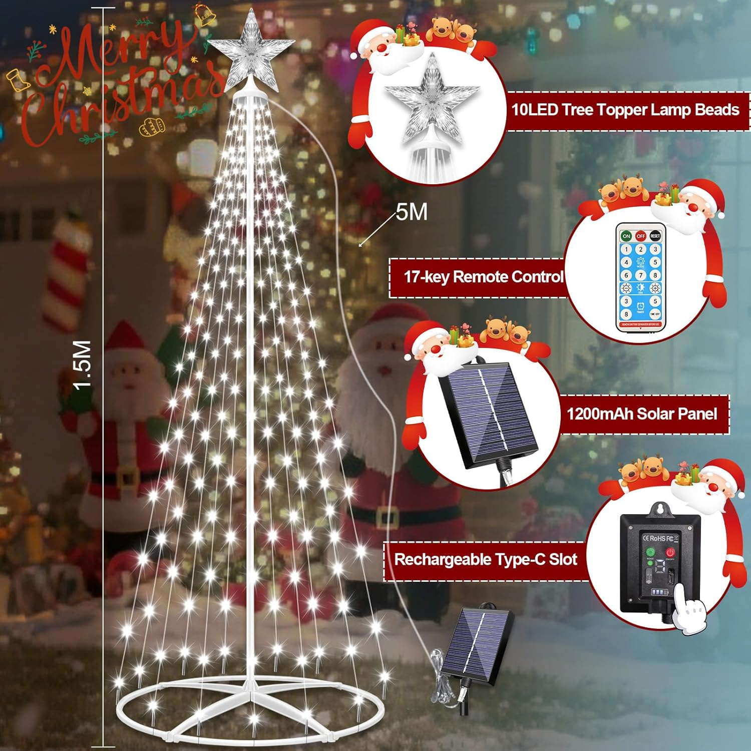 Outdoor Solar Christmas Cone Tree Lights,1.5M 202 LED Christmas Tree Lightshow with 8 Modes Timer Remote, Lighted Artificial Tree USB Charge for Xmas Yard Porch Patio Party Holiday Decor, Cold White image number 1