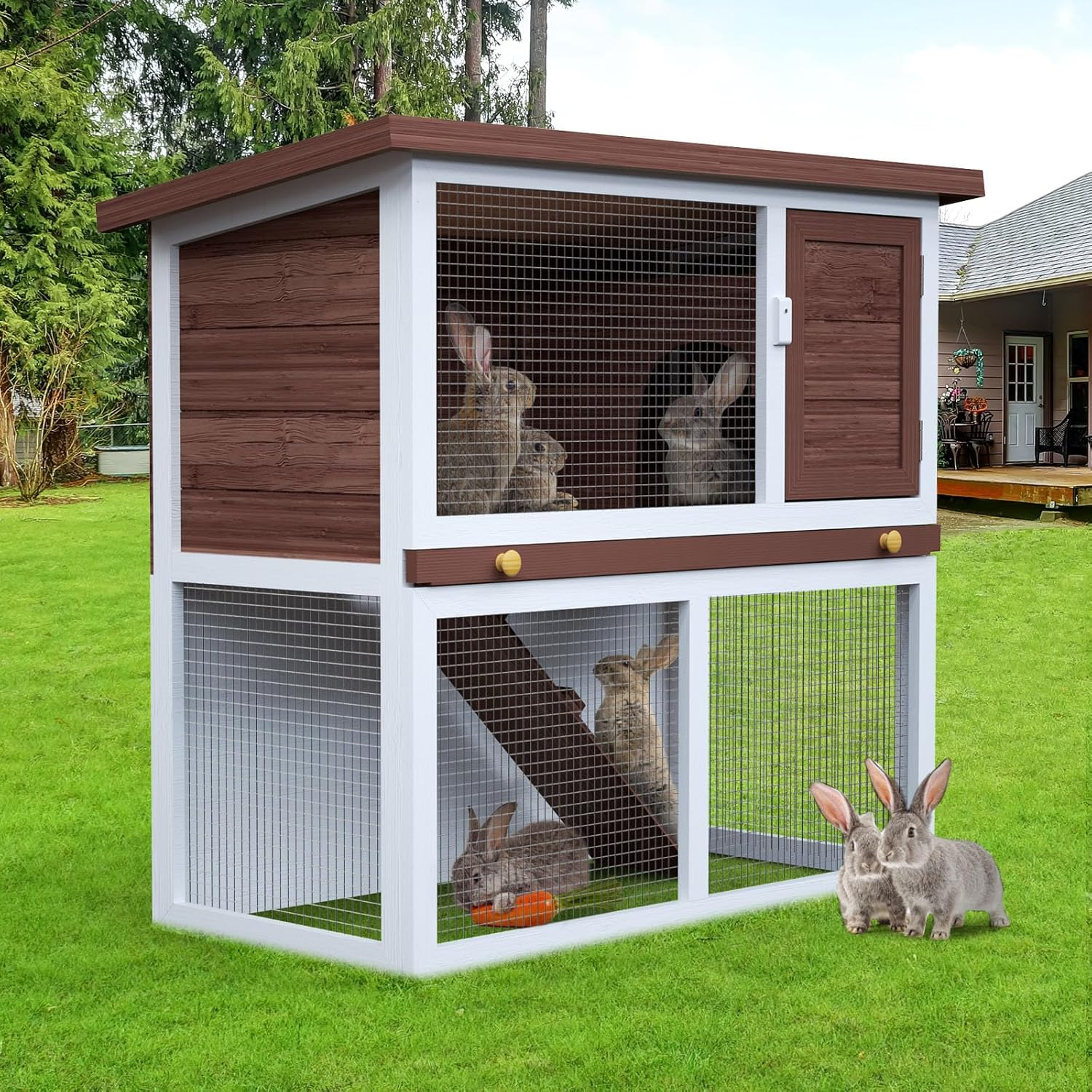 Advwin Rabbit Hutch Bunny Cage, 2 Storey Wooden Chicken Coop Guinea Pig Outdoor Hutch Weatherproof, with Removable Trays for Small Animals, 90L X 45W X 80Hcm