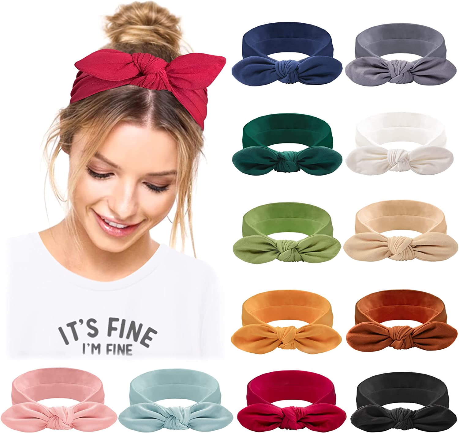 Jesries Headbands for Women Non Slip Hair Bands with Bows Rabbit Ears Workout Running Sport Sweat Elastic Hair Wrap for Girls Hair Accessories 12 Pack image number 5