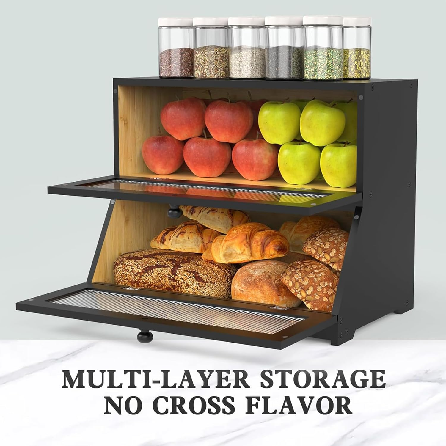 Black Bread Storage Container for Homemade Bread, Large Bread Box for Kitchen Countertop, Two Layer Farmhouse Breadbox Organizer for Kitchen Counter Corner, Cabinet, 39 * 24 * 32Cm image number 2