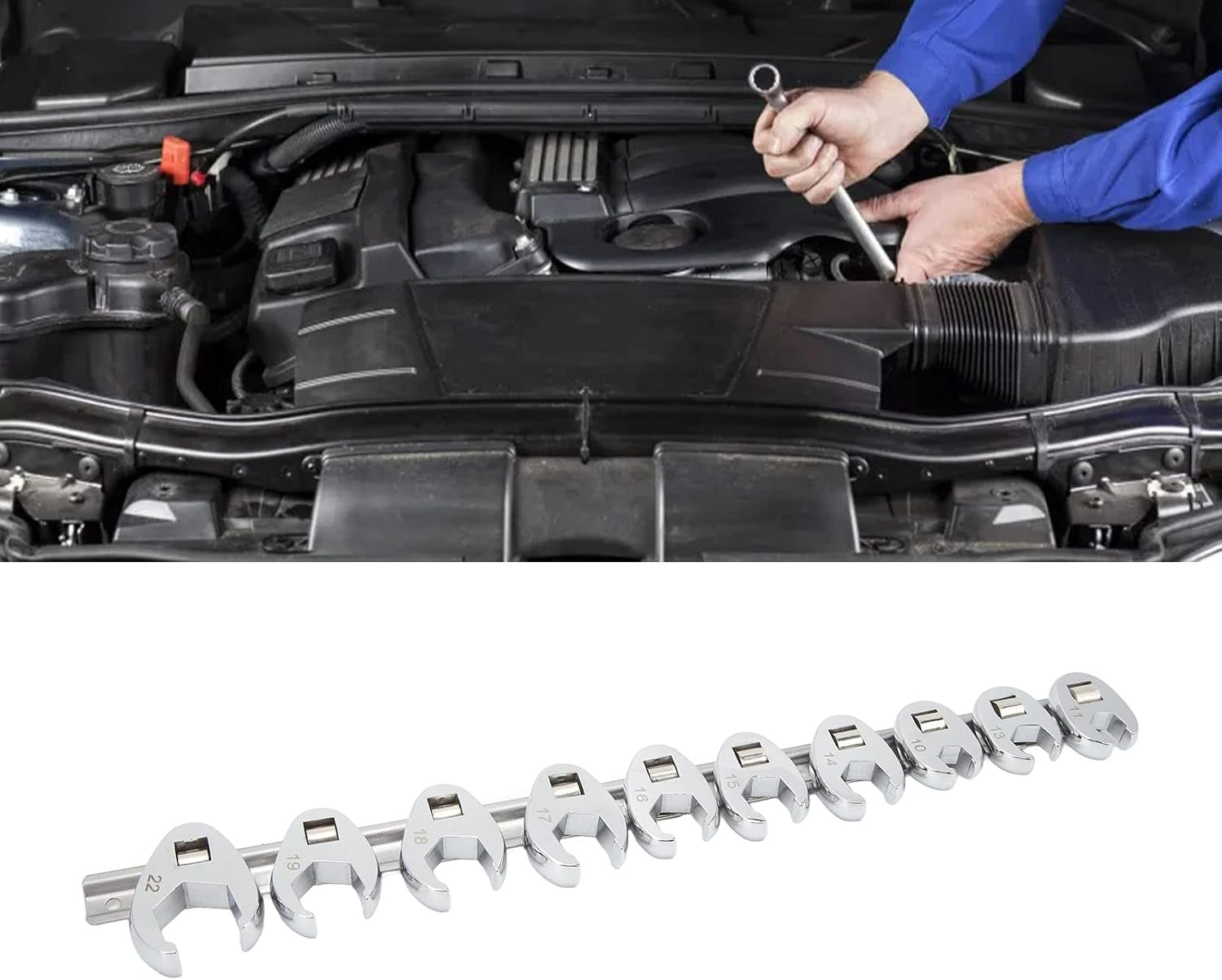 Crow Foot Wrench Head Set Slim Square Opening Nut Wrench for Automotive Repair 10Pcs Kit image number 3