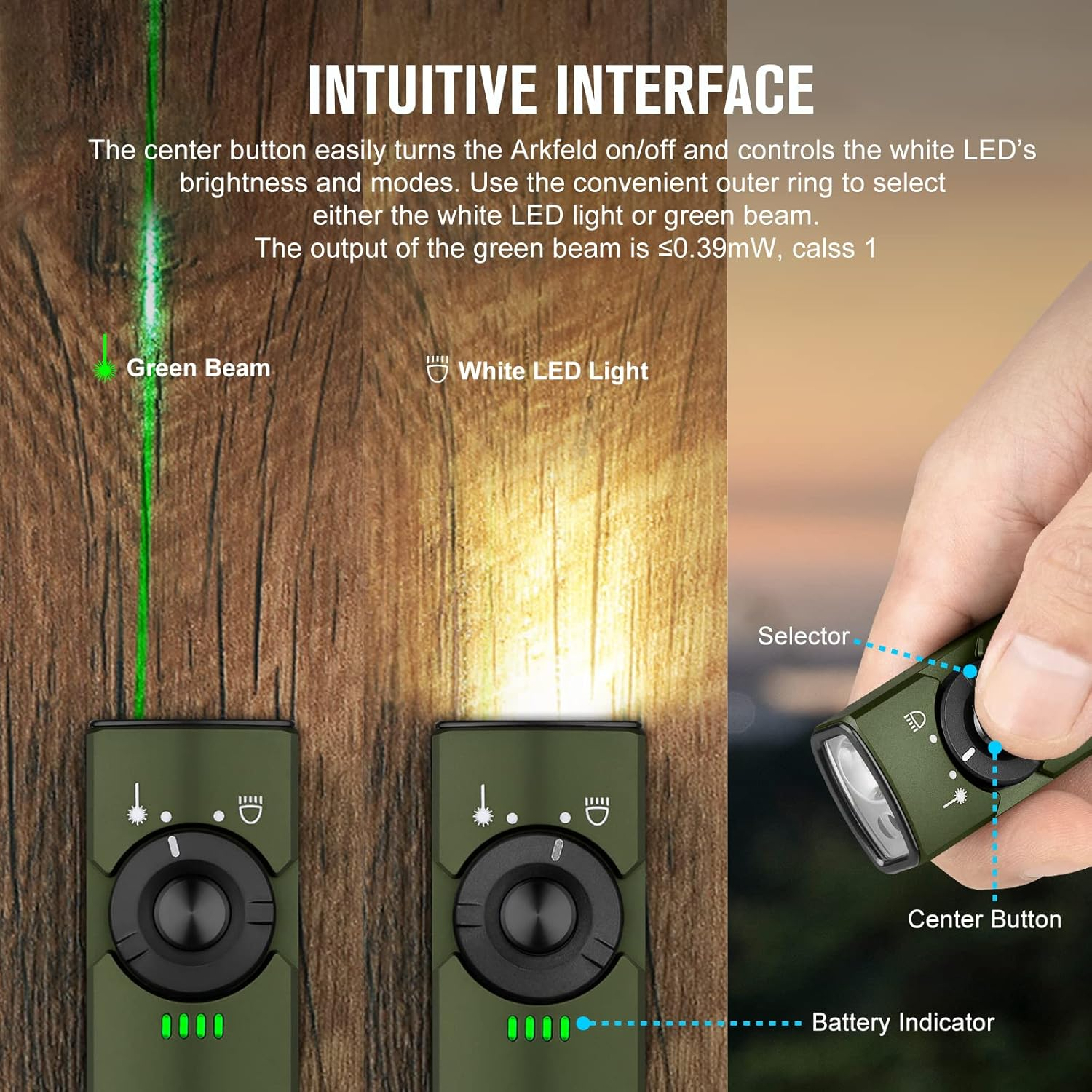 OLIGHT Arkfeld Max 1000 Lumens Rechargeable EDC Flashlight Dual Light Source with Green Beam for Pet, Presentation(Od Green, Cool White Light: 5700~6700K) image number 6