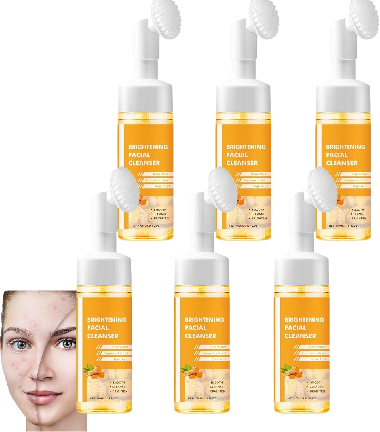 Turmeric Face Wash with Brush, Foaming Facial Cleanser for Deep Cleansing and Exfoliating, Brightening & Moisturizing Turmeric Cleanser for Women & Men, Gentle for All Skin Types (6Pcs)
