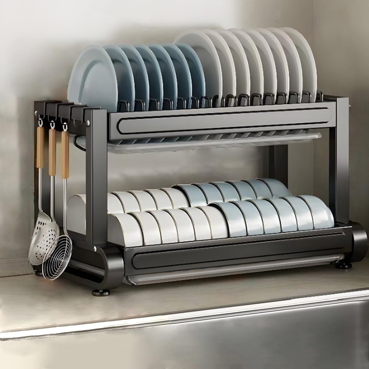 2-Tier Dish Drying Rack with Drainer Board, Rustproof Dish Drainer with Cutlery Utensil Rack & Holders for Kitchen Storage & Organisation, Black image number 5