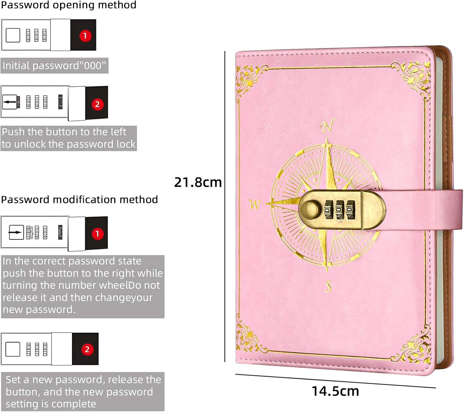 Literary Vintage Leather Notebook with Lock, Embossed Pattern Compass Diary for Writing, A5 Notebook with Lined Paper for Women & Men