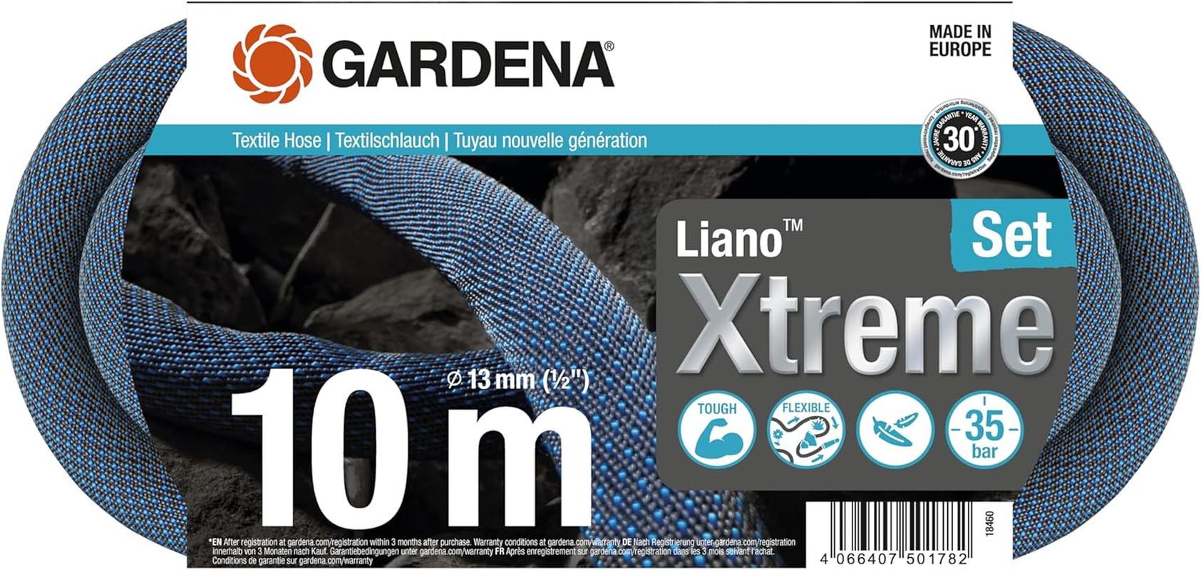 Gardena Liano Xtreme 1/2 Inch, 10M Set: Extremely Robust Textile Garden Hose, for Indoor Water Taps, with PVC Inner Tube, Lightweight, Weather-Resistant (18460-20) image number 3
