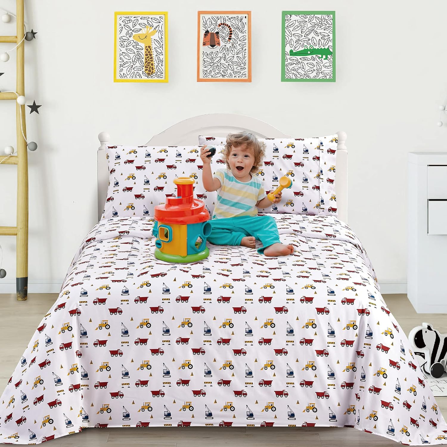 Viviland 4 Pieces Boys White Full Sheet Set - Soft Microfiber Fitted Flat Sheets & Pillowcase Bed Sheet Set - Red Excavator Construction Tractor Truck Bedding Sets - for Kids & Toddlers