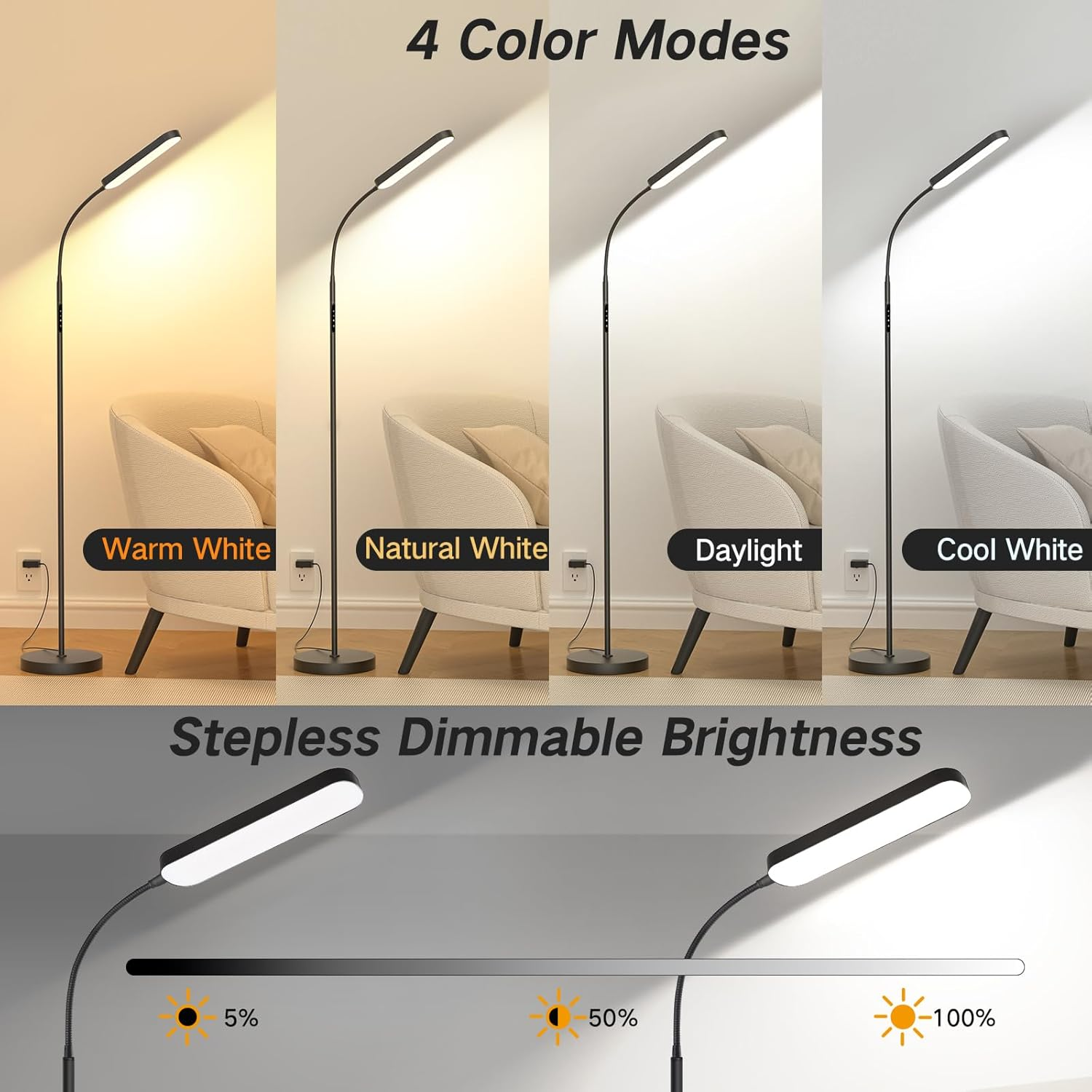 OUTON LED Floor Lamp, 15W 1500LM Dimmable Reading Lighting with 360&deg;Rotatable Neck, 4 Colour Temperatures, Remote & Touch Control, 1H Timer Tall Standing Lamp for Living Room Bedroom Office, Black image number 6