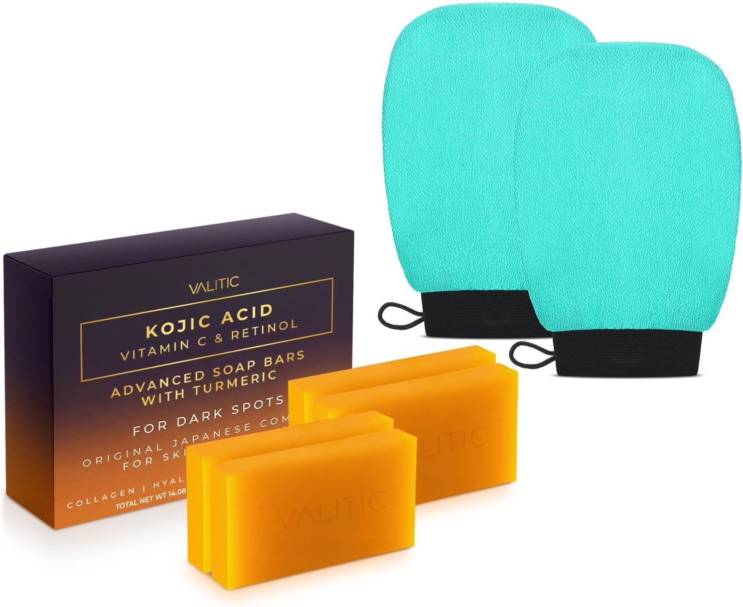 VALITIC 4 Pack Kojic Acid Vitamin C & Retinol Soap Bars for Dark Spot & a Pair of Turquoise Exfoliating Gloves for Body Scrubs image number 5