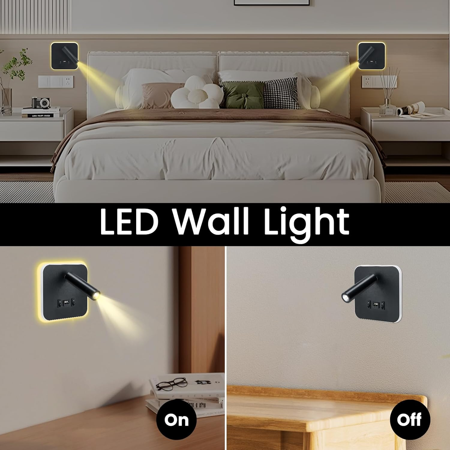 Lnopever 2 X Battery Wall Light Indoor with Motion Sensor, LED Rechargeable Wall Light Indoor with 2 Modes, Has a USB Charging Port, for Stairs, Hallway, Living Room, Bedroom, Garage, Black