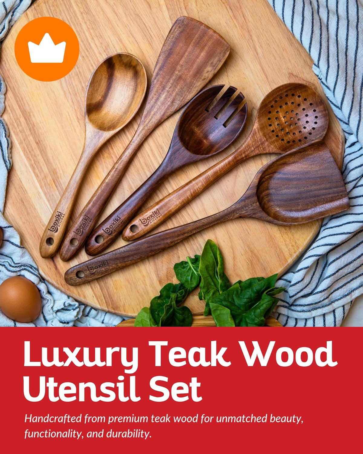 Luxury Teak Wood Utensil Set - Elegant 6-Piece Cooking Ensemble Including Spoons, Server, Scraper & Spatula - Expertly Crafted for Culinary Excellence image number 5