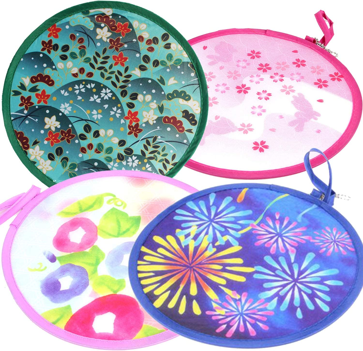 MXY Foldable Fan Japanese Style Summer Handheld round Folding Fan Beautiful Pattern Festival Decor Wedding Home Decoration 4 Units Different Patterns