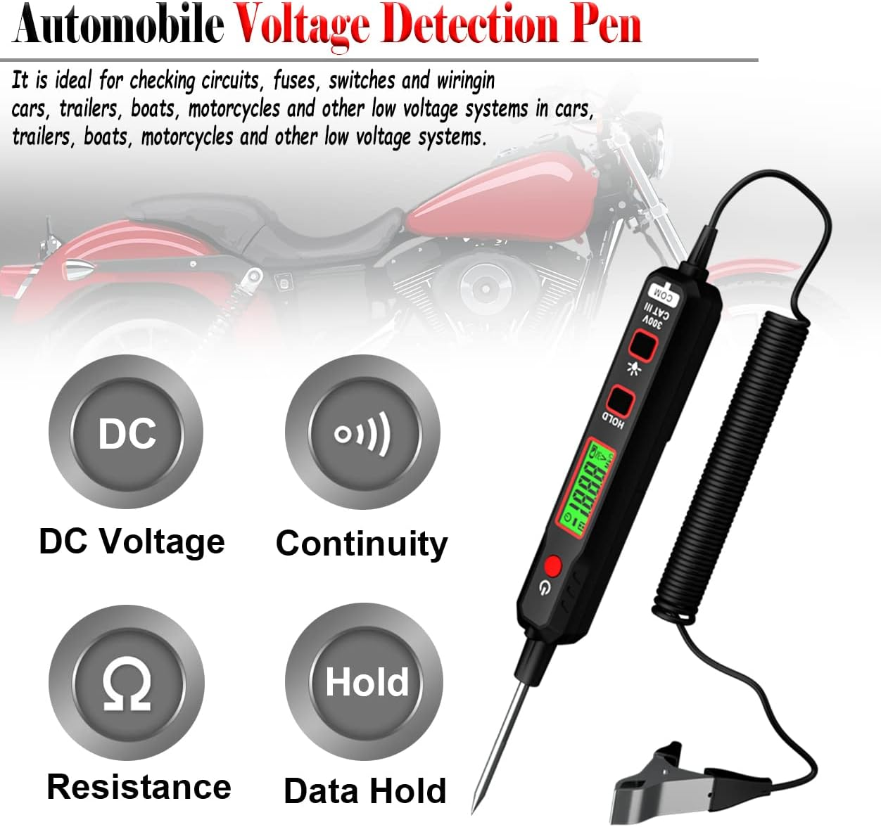 Car Voltage Detector 100V DC Voltage Tester Automotive Electric Circuit Tester Car Truck Low Voltage & Light Tester with Flashlight, Backlight, LCD Display, 190Mm Extended Spring Wire image number 6