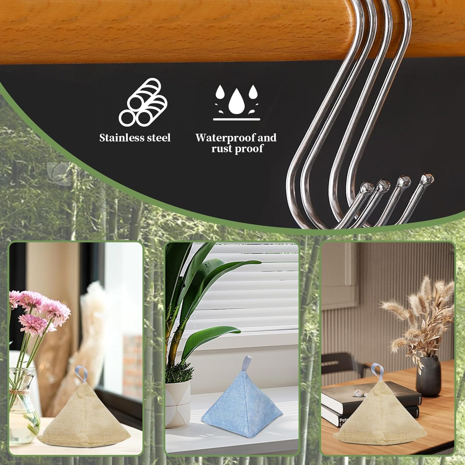 4 Pack Activated Bamboo Charcoal Bags with 4 Hooks Air Purifier Deodorizer Bags Dehumidifier Bags Stylish Pyramid Design Applicable to Car Closet Bathroom Basement Litter Box Shoe Air Fresheners Bags image number 3