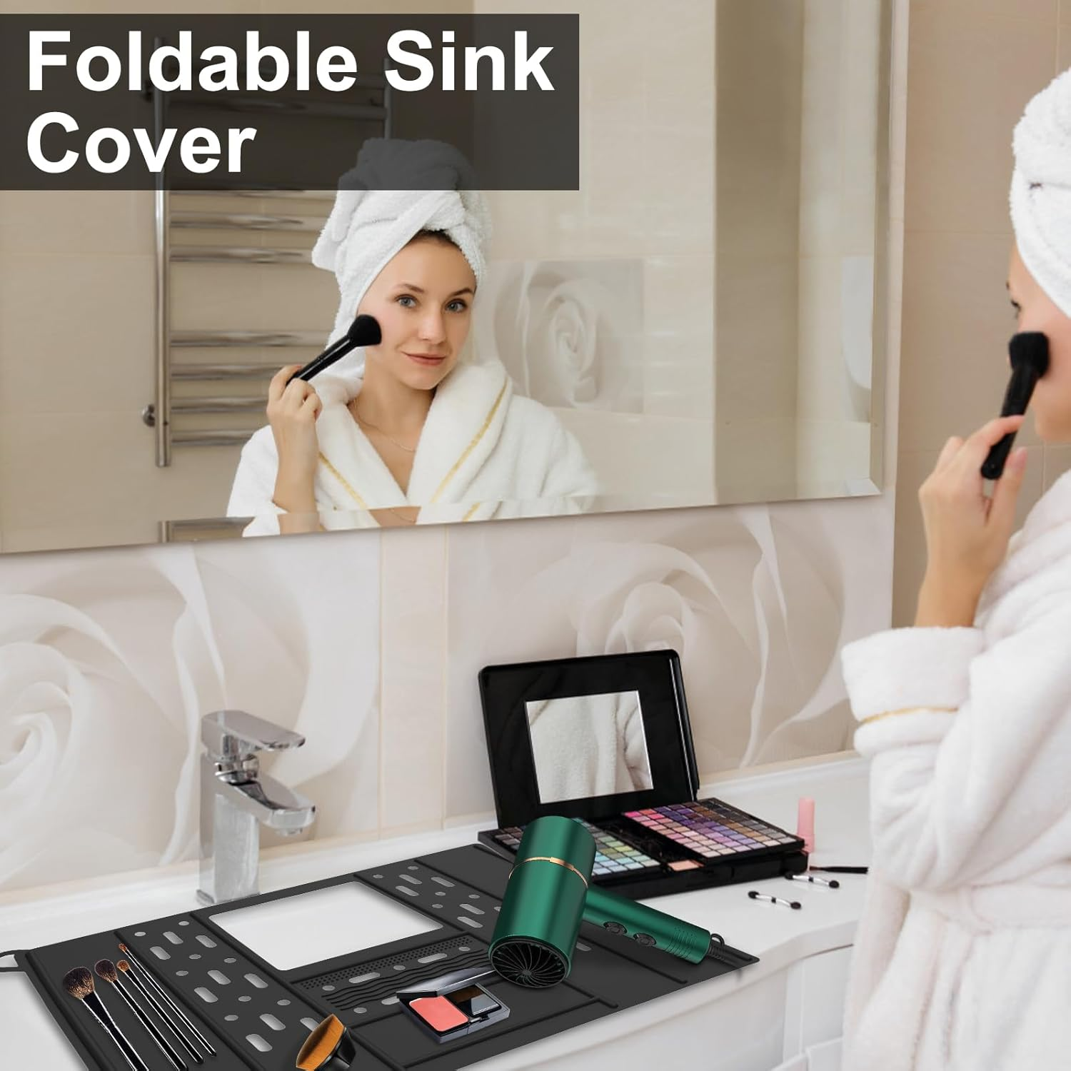 Foldable Sink Cover for Bathroom Counter Space - Silicone Makeup Brush Cleaning Mat, Heat Resistant Organizer Pad, Anti-Slip Vanity Tools Organizer (Black) image number 4