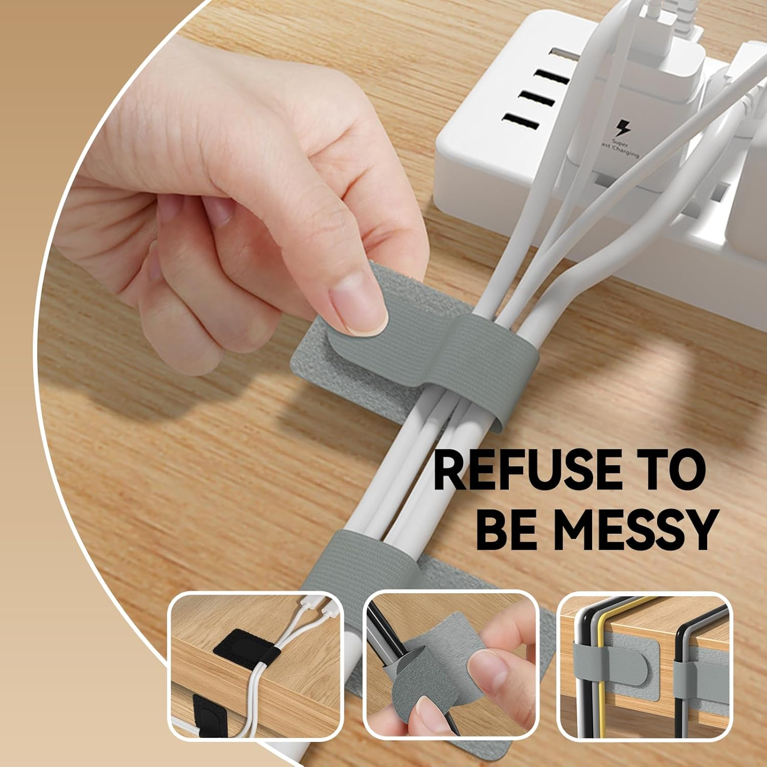 60 Pack Self Adhesive Cable Ties Reusable Fastening and Organizing Data Cables Cable Management Ties Suitable for Headphones Mobile Phones and Electronic Devices under the Table(Black,White,Grey)