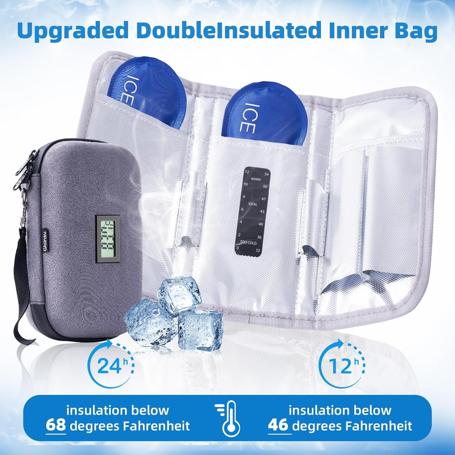Gloinsu 24H Insulin Cooler Travel Alcantara Case TSA Approved - Medication Diabetic Cooler with Thermometer Temperature Display | Refrigerated Medicine Organizer Bag with 2 Ice Packs for Travel image number 1