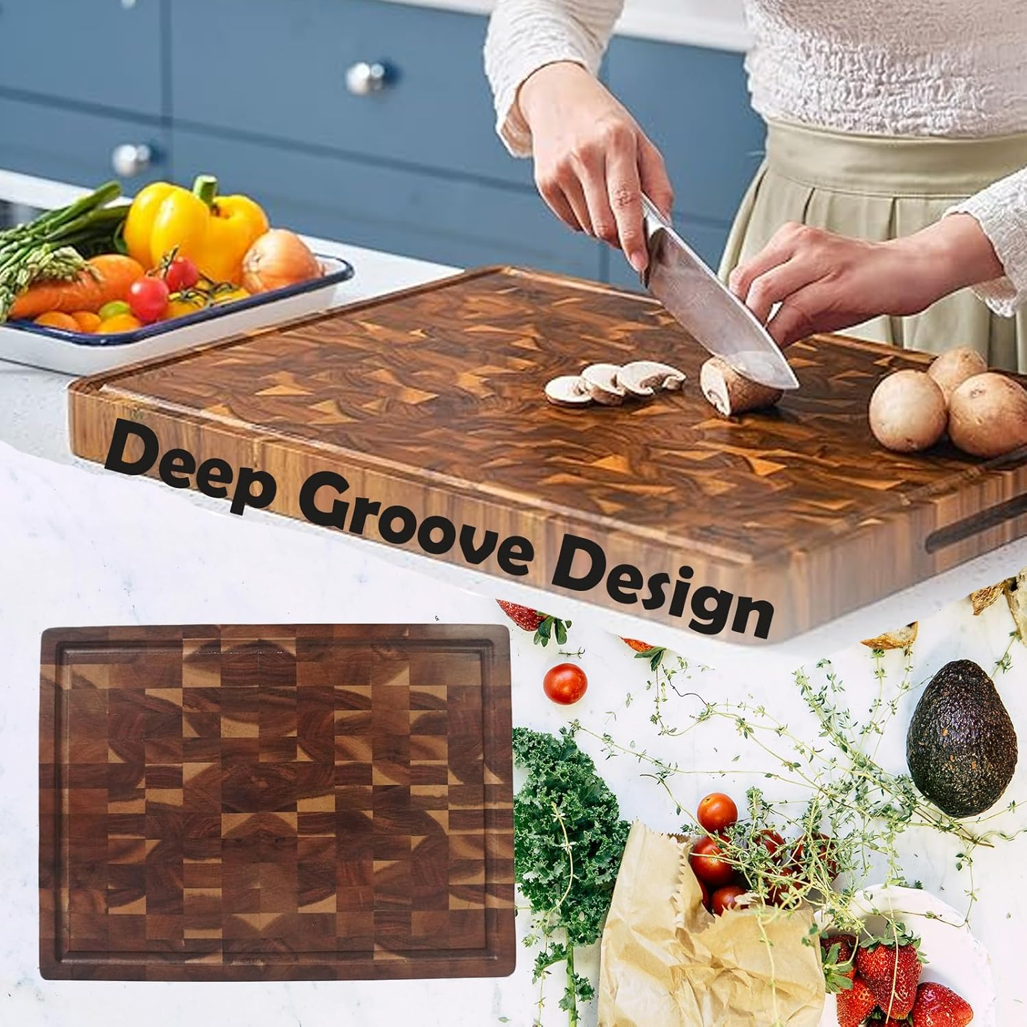 Wooden Chopping Board, End Grain Cutting Boards with Juice Groove & Handle, 40 * 30 * 3 CM Checkered Chopping Board Charcuterie Board, Chopping Mat for Meat, Vegetables, Fruit image number 2