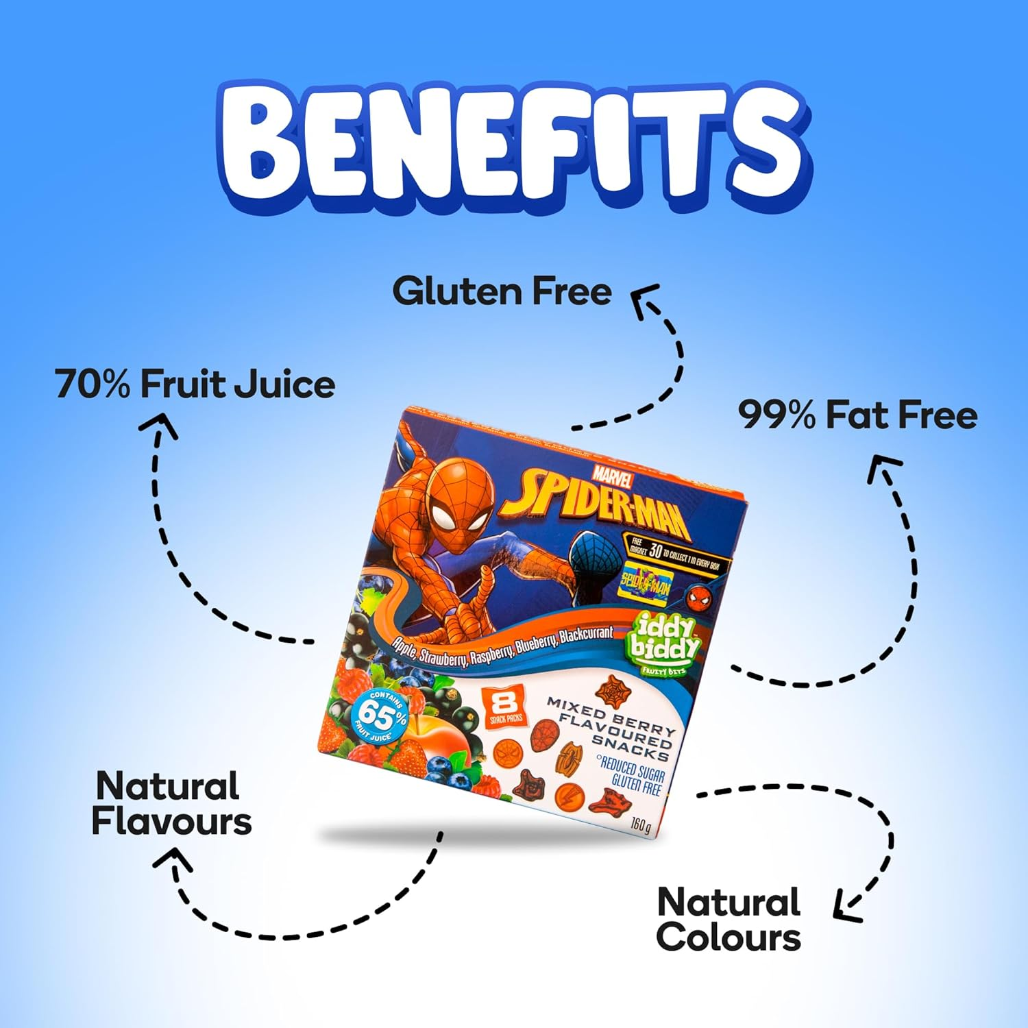 Iddy Biddy Spiderman Fruit Snack, Berry Blast, 6 Pack, 960G - Fruit Flavoured, Gluten Free, Natural Colours & Flavours, 65% Fruit Juice, Kids Lunch Box Treats image number 2