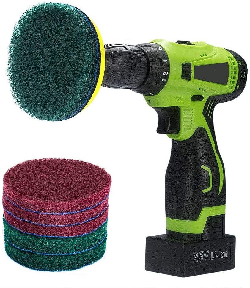 Kichwit 4 Inch Drill Power Brush Scrubber Scouring Pads, Includes Drill Attachment, 3 Red Pads and 3 Stiff Green Pads, Heavy Duty Household Cleaning Tool (Drill Not Included) image number 2