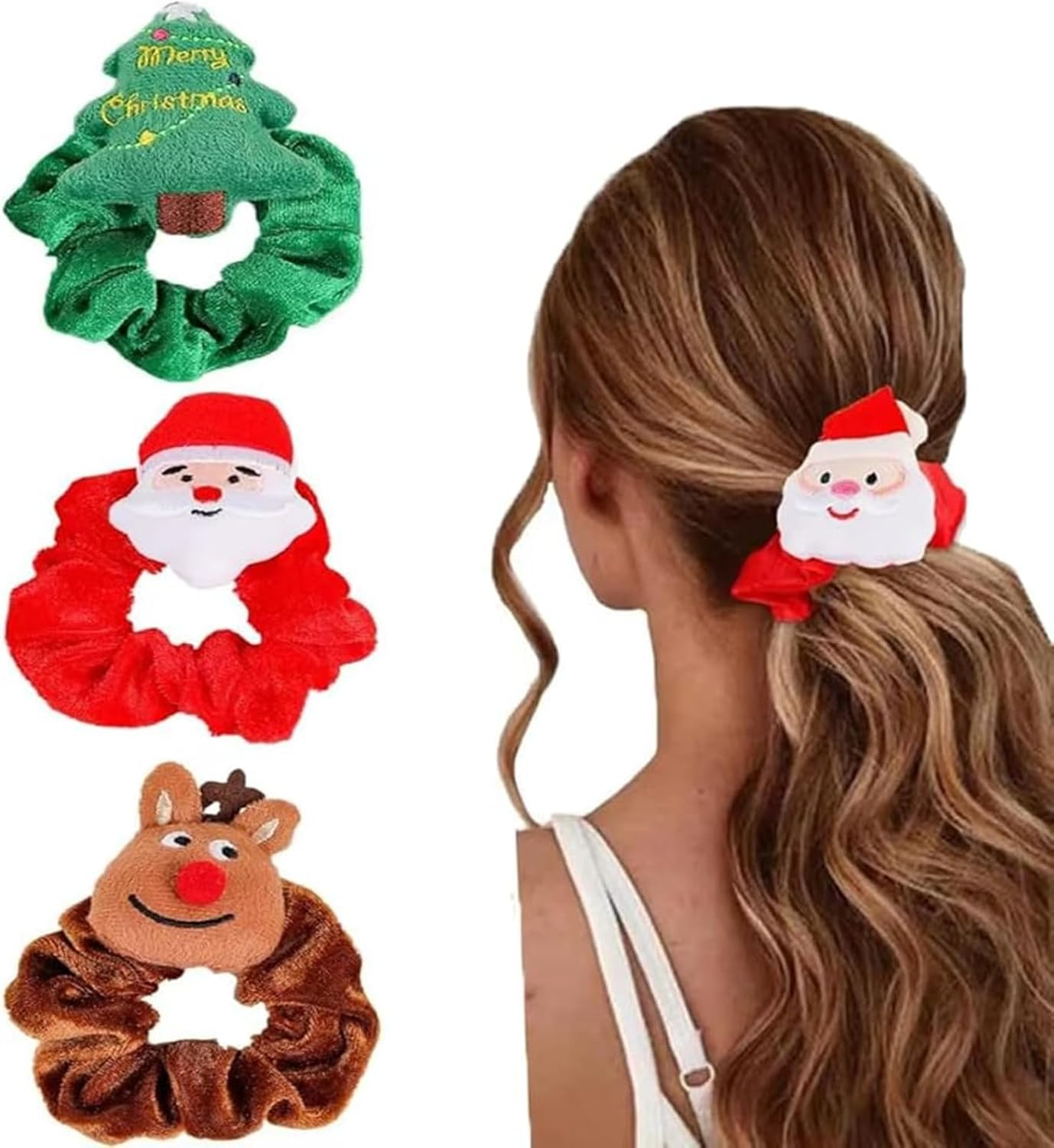 Zynfora 3PCS Christmas Hair Scrunchies Velvet Christmas Hair Ties Elastic with Christmas Tree Santa Claus Elk Hair Bands Hair Ties Xmas Ponytail Holders Hair Accessories for Women Girls image number 6