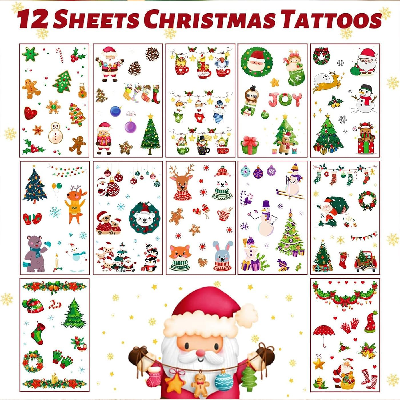Itadaku 12 Sheets Glitter Christmas Tattoos, Sparkly Temporary Tattoos, Xmas Party Favors, Stocking Stuffers & Christmas Eve Gifts