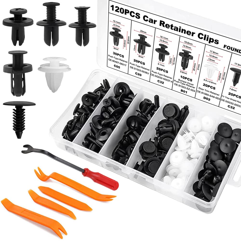 125PCS-6 Types Universal Car Retainer Clips Door Trim Panel Molding Clips Push Pins Bumper Fender Fasteners Rivets Removal Tools Assortment Kit