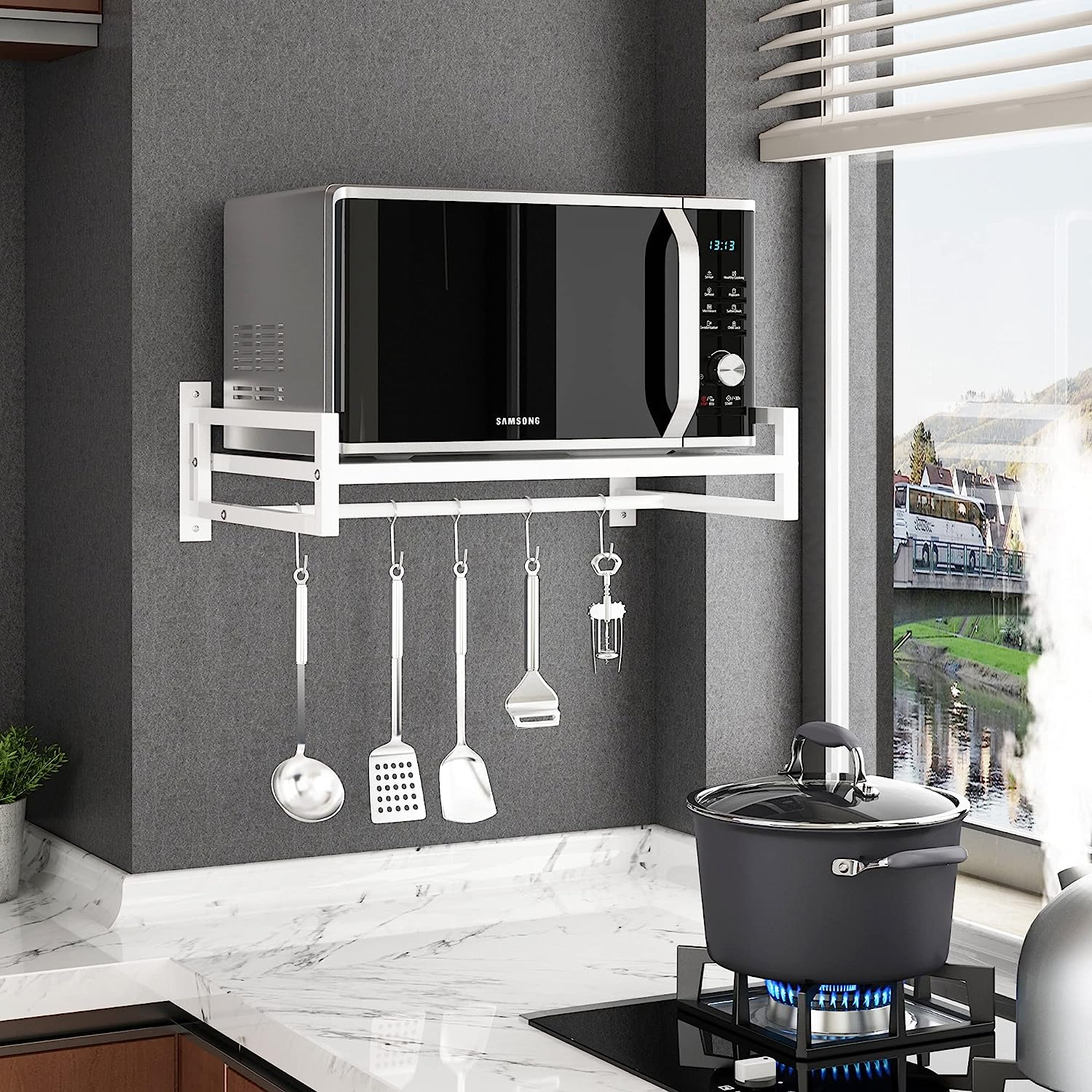 ABCOOL Wall Mount Microwave Oven Shelf Rack for Kitchen Home, Carbon Steel Counter Countertop Holder with Hook Rail and 3 Slidable Hooks - Black image number 6