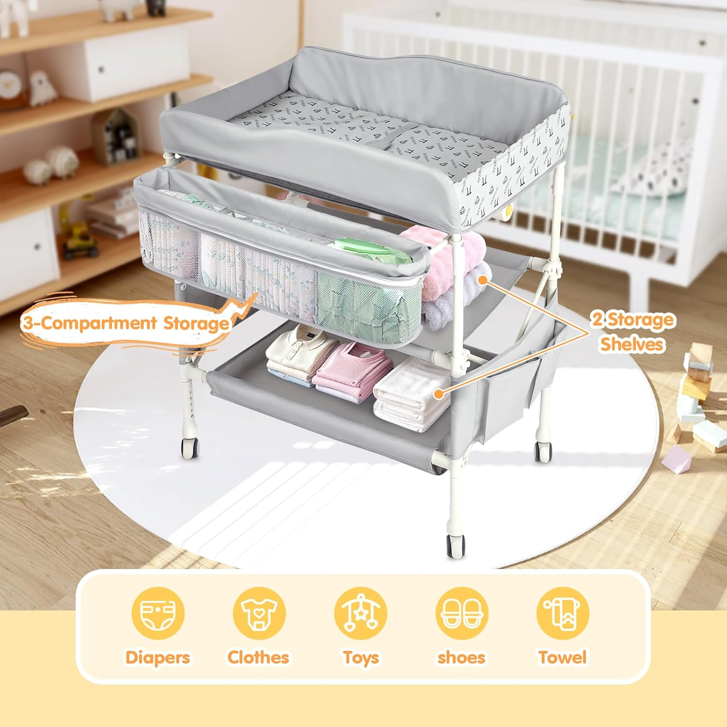Advwin Portable Baby Changing Table with Adjustable Height, Foldable Waterproof Diaper Changing Station with Storage Shelf, Toddler Change Table Nursery Organizer for Newborn & Infant image number 6