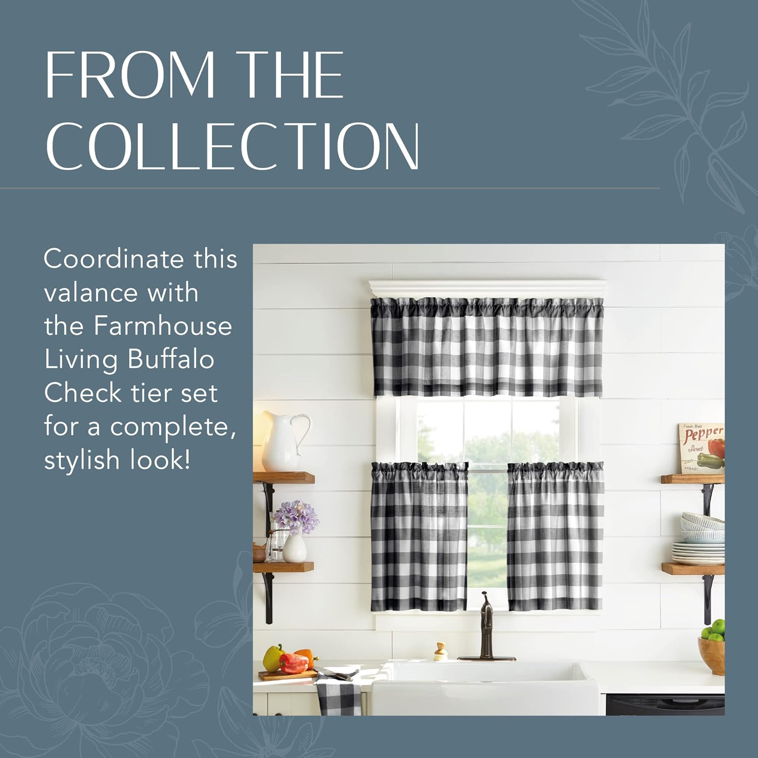 Elrene Home Fashions Farmhouse Living Buffalo Check Window Kitchen Tier Set, 100% Cotton, Black/White, 60" X 15" (1 Valance) image number 6