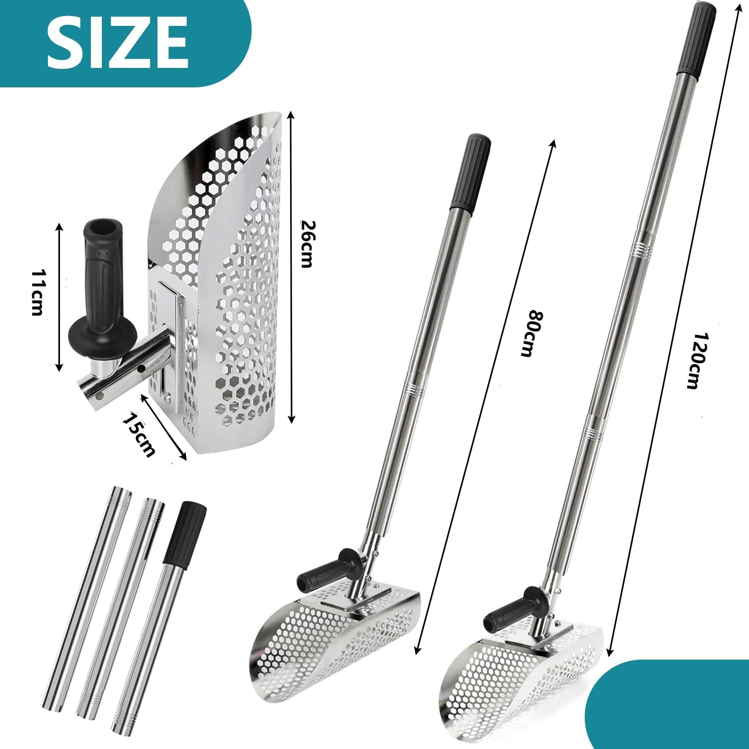 Long Handle Sand Scoop，Sand Scoop for Metal Detecting, Metal Detector Scoop, Stainless Steel Beach Sand Scoop Handheld with Long Steel Handle Pole Design, Ideal for Underwater Treasure Hunting image number 2