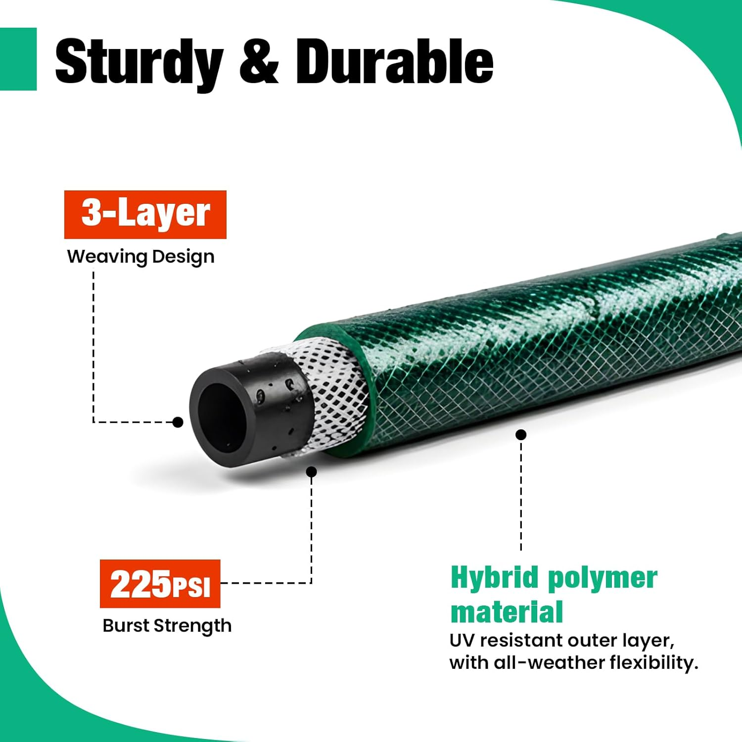 Advwin Garden Hose 15M/50Ft, Water Hose with Nozzle, No Kink and Lightweight Garden Water Pipe, High Burst Strength, 1/2", 3-Layer Weaving Design, Leak-Proof image number 4